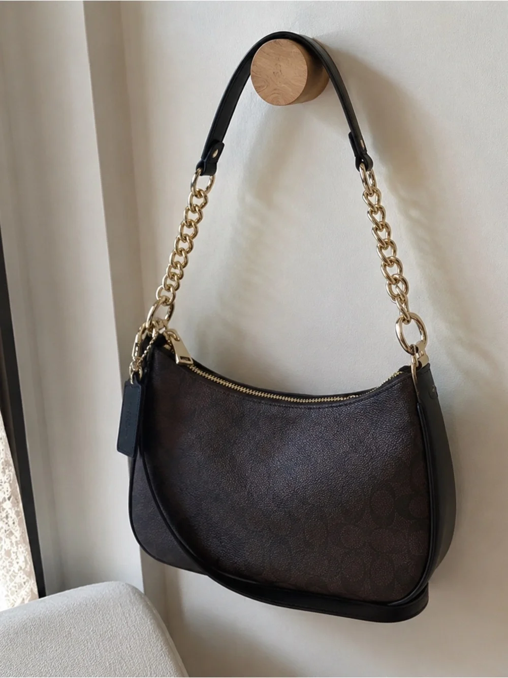 Coach Black Pebbled Leather Shoulder Bag with Gold Chain Strap